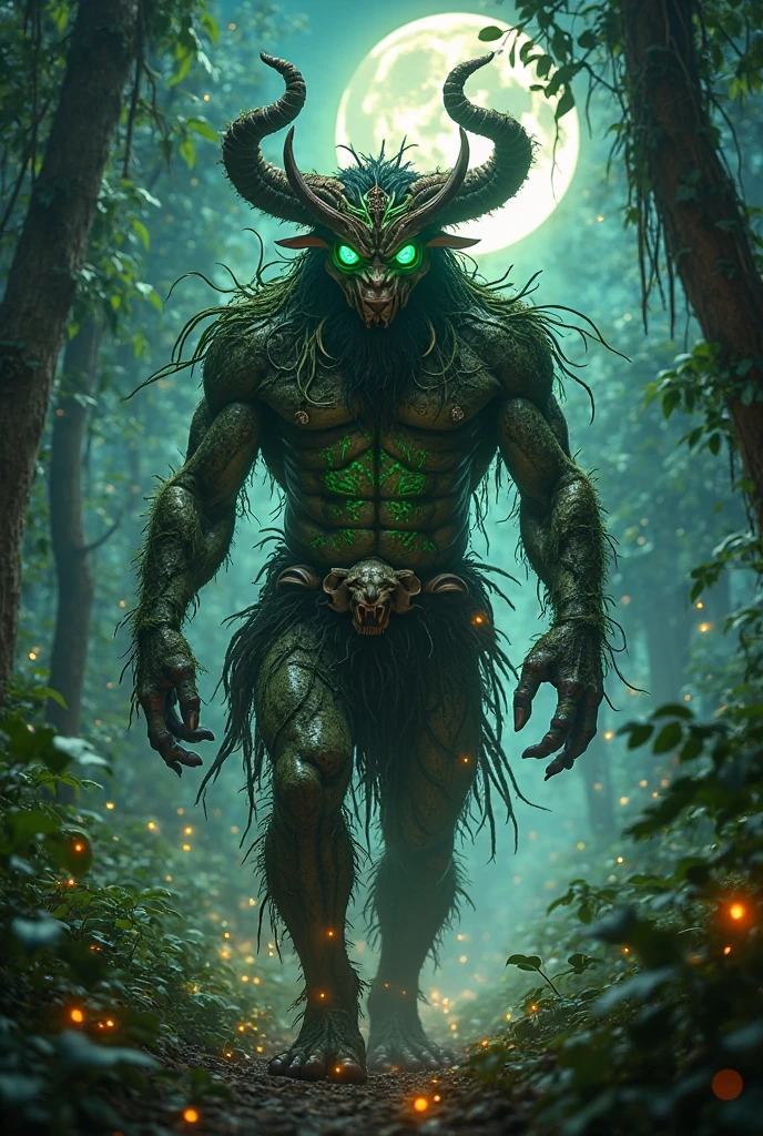 a man that is standing in the water, concept art of a dark forest, with black horns instead of ears, holding green fire, emaciated, deer, full image, amalgamation of embers, demon full body <lora:Moommst-03:1>