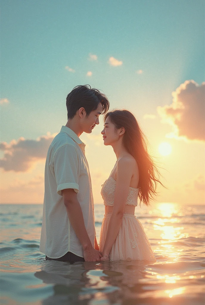 ((Realistic lighting, Best Quality, 8K, Masterpiece: 1.3)), Clear focus: 1.3, Clear face, Clear sky, Beach, Sunset, (HDR: 1.5), Chinese, couple holding hands, facing the sea.