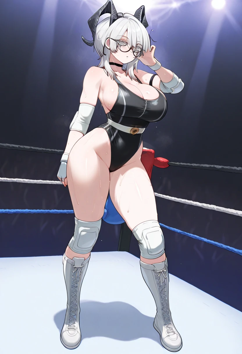 (best quality:1.5, highres,detailed lighting, shaders), wavy hair, busty, high cut leotard, cleavage, (full body shot), standing, pro wrestling background, sexy, erotic, lewd, seductive,wearing sporty boots,tiny tit,japanese,mom,short hair