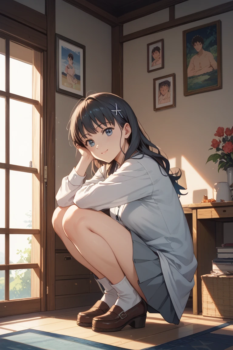 high quality, best quality, masterpiece, absurdres, nagase mana, uniform, 1girl, classroom, sitting, on_desk, <lora:mna:0.75>, sunny, smile, blush, knees_up, barefoot