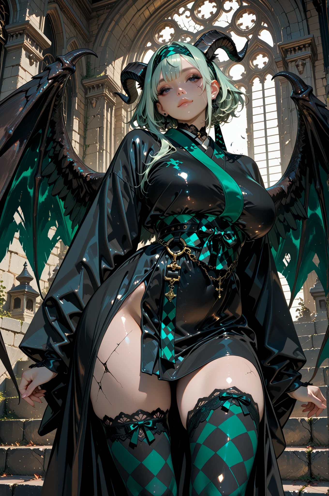 a close up of a woman laying on a city with dragon wings, serpentine pose, tatsumaki, anime monster girl, rogue anime girl, monstergirl, green and black, commission for high res, black and green, morrigan aensland, morrigan, mix of venom and cthulhu, wrapped in black tentacles, eldritch goddess, sinister pose,humanoid,Gtscity, Gts,cityscape,opera singer atrrie,plump,large breast,thick thighs,higheels,best quality,masterpiece,solo,1girl,mature female,dragon horns,spooky,foggy,french braids,sky smrik,dragon wings on her back