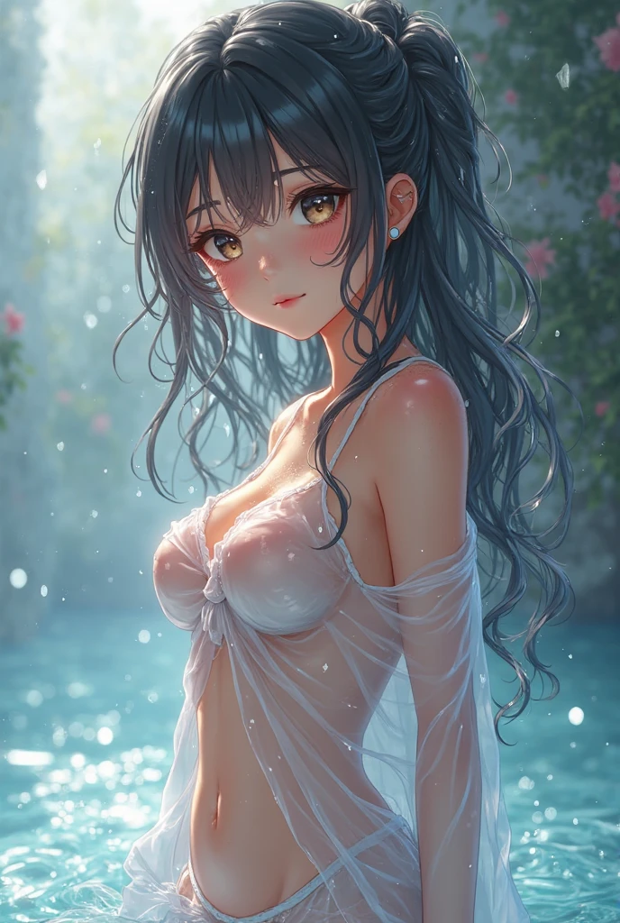 A braless junior high school girl is soaking wet and her clothes are transparent