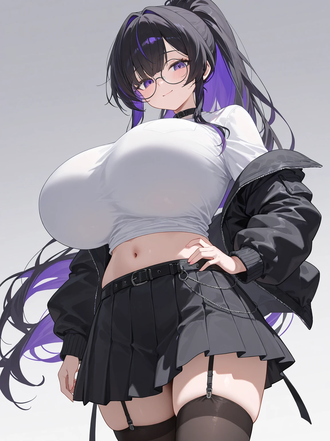 1 girl, standing alone, long hair, gazing at viewer, ssmile, breasts big, chemise, mitts, neckleace, bared shoulders, jewerly, purples eyes, cabelo roxo, pantyhose, aretes, shorts, oculos de sol, Glasses on the head, purple backdrop, round glasses, purple mitts, 