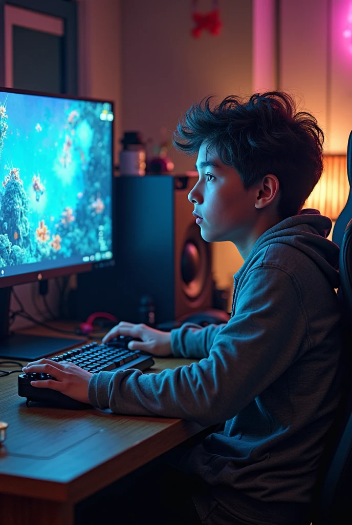 Cut to a boy with a computer in front of him and playing free Fire games on the computer and looking at me and talking and his room is a gaming room. frame size YouTube Profile