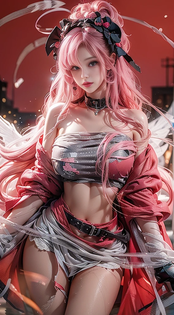 Woman, long wavy hair, pink hair, blue eyes, elf, torn clothes, walking, adult, big thighs, sexy, warrior, Wolf behind(( lobo sério atrás da mulher)) ((lobo))(wolf animal)