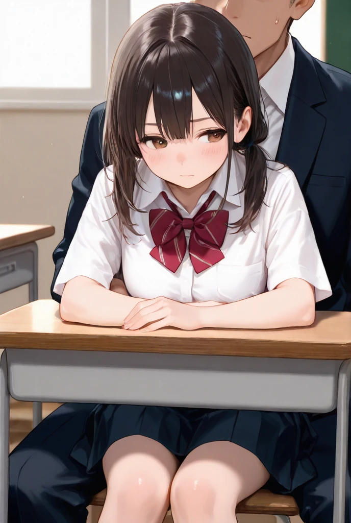 ((Highest quality))、((masterpiece))、(detailed)、((Anatomically correct))、(High resolution、8k)、Side angle、1 girl、fellatio、Penis from the side of the screen、Half-closed eyes、blazer、classroom、tits、F Cup、Slipping、Nipples、Black Hair