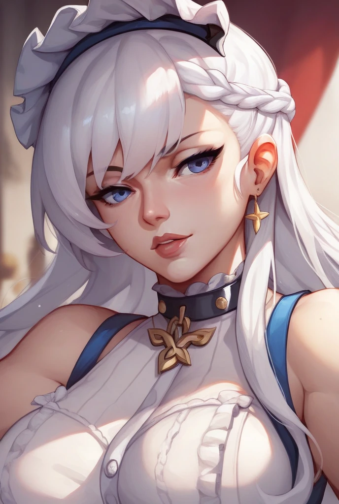 score_9,score_8_up,core_7_up, 1girl, blush, braid, braided ponytail, closed mouth, dress, earrings, eos (neural cloud), from side, hole in chest, hole on body, jewelry, long hair, looking at viewer, portrait, shiraeda, simple background, single earring, smile, solo, upper body, white background, white dress, white hair, yellow eyes