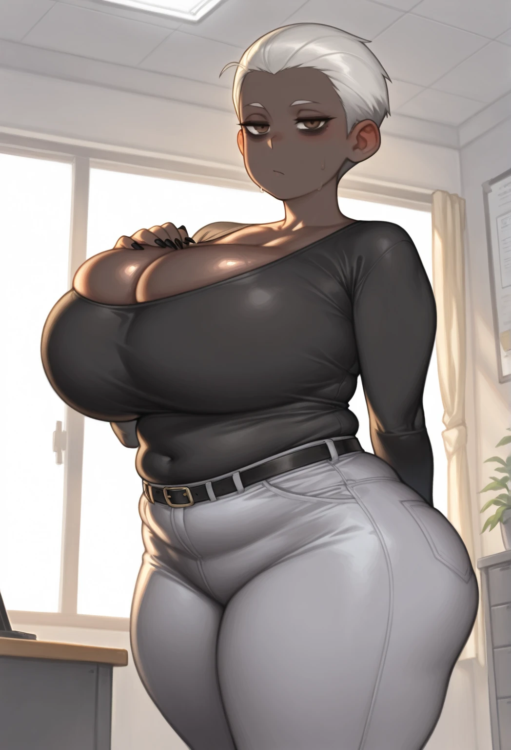 score_9, score_8_up, score_7_up, score_7, Expressiveh,best quality, masterpiece, ultra high resolution, couple, man beside girl, 
((demon girl:1.2), ((tomgirl)), ((skinny, thin, tiny, cute), (large breast, large bust:1.5)), girl, _loli, jewelry, necklace, earrings, shoes, full_body, long hair, sneakers, hair buns, horns, horny, ((hands_on_hips)), standing, dark_skin, dark-skinned_female, black_hair, leggings, bodysuit, strapless),
[SEP],
((man:1.2), ((fat, thick, big)), male, ugly_uncle, shoes, full_body, bald_head, sneakers, ((hands_on_other)), standing, pale_skin, pale-skinned_male)