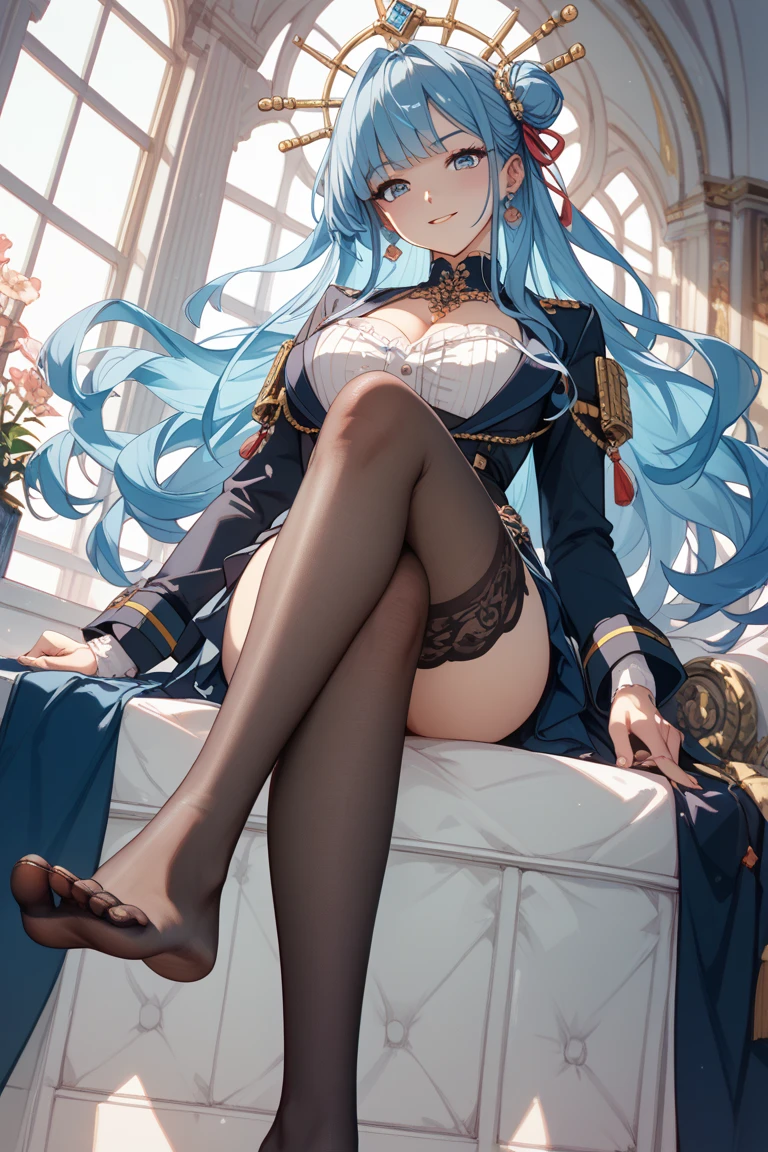 Blue hair, blue eyes, big boobs, female, iron cross hats, iron cross uniform, sitting on an ice throne, icy floor, crosslegs
