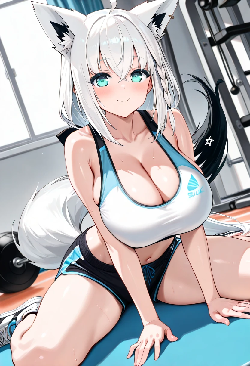 4K,High resolution,one woman,silver hair,short ponytail,wolf ears,wolf tail,blue eyes,big breasts,tits,Bedroom,open leg,show your shoulders,wet with sweat,sportswear,