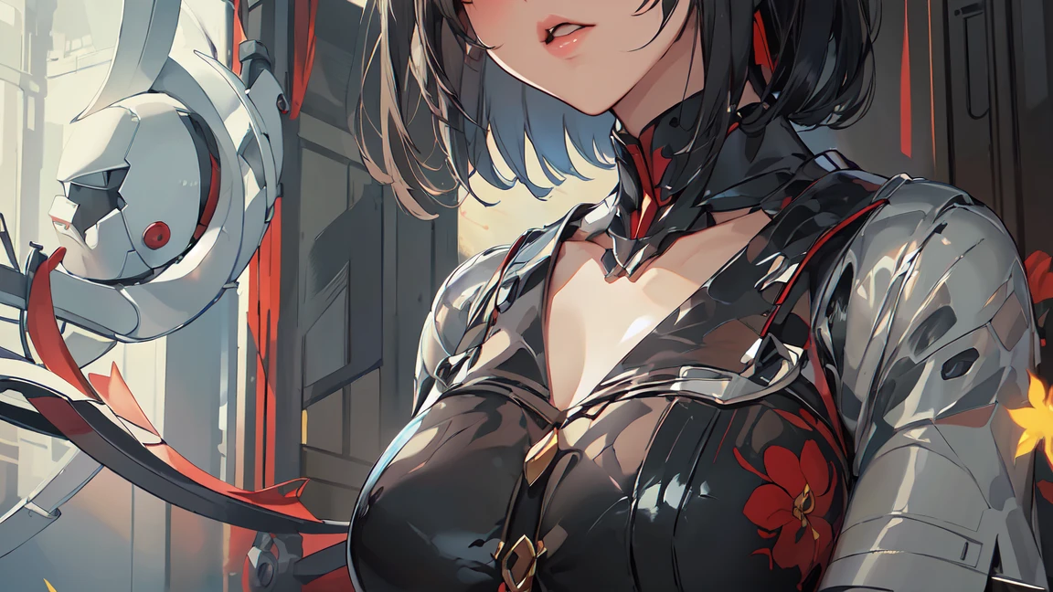 anime girl with red and black hair and a black and white outfit, best anime 4k konachan wallpaper, badass anime 8 k, detailed digital anime art, guweiz on pixiv artstation, guweiz on artstation pixiv, by Yang J, anime style 4 k, detailed anime artwork, biomechanical oppai, guweiz