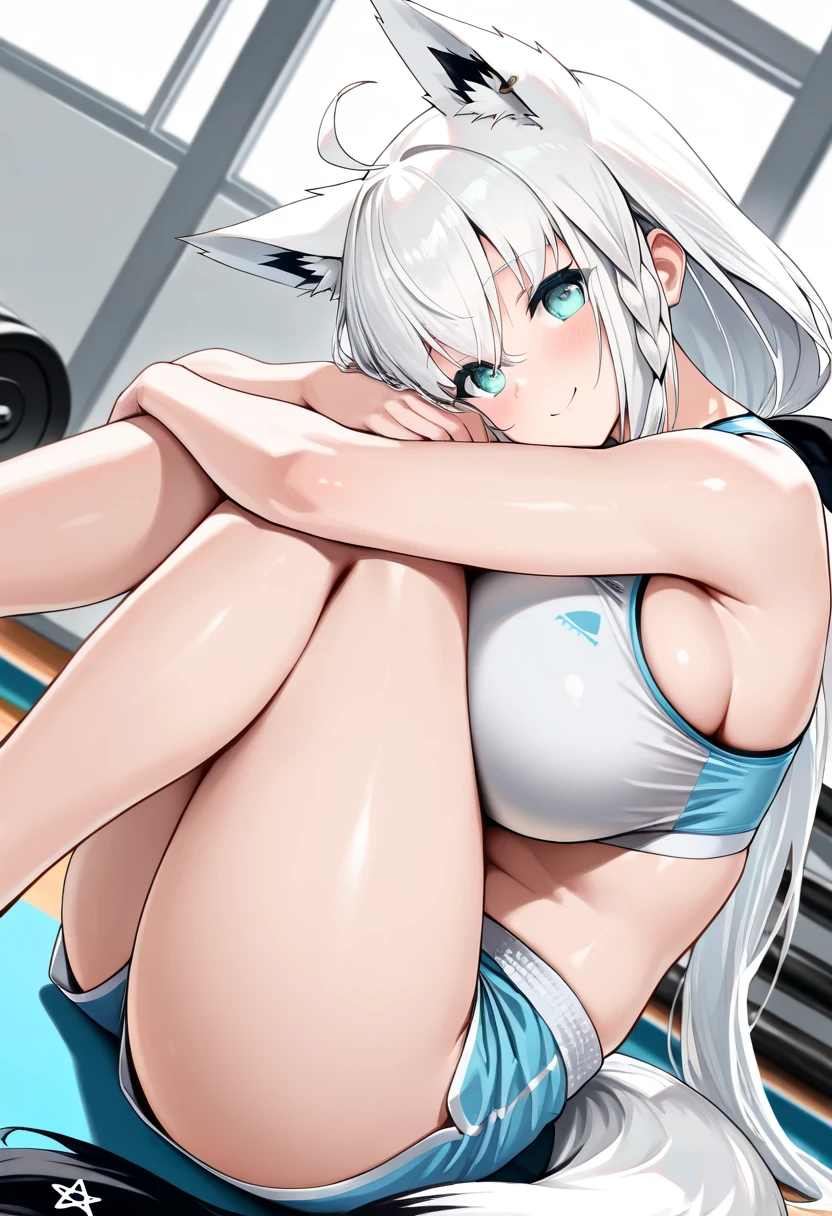 A high quality image of a adorable cute buff muscular polar bear anime girl with polar bear ears, polar bear tail, polar bear paws, polar bear feet, polar bear paws, at the gym in the middle of an Arctic Forest