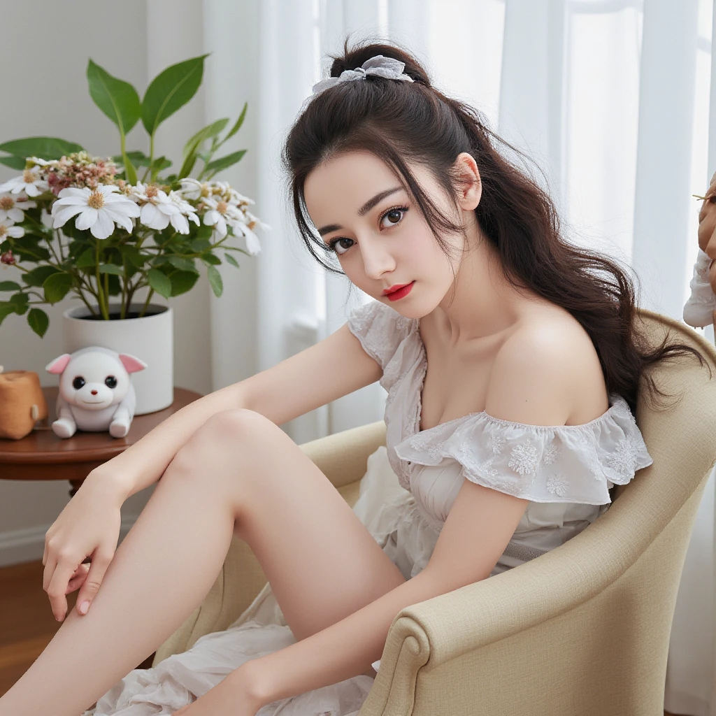 Special clothes58,white dress,pantyhose,green ribbon,striped,fashi-girl, liuyifei, ((cowboy shot)), (best quality, masterpiece:1.2), ultra-detailed, (realistic:1.37), beautiful, youthful, glamorous model with (detailed eyes, detailed lips, extremely detailed eyes), Lie in bed, in a knee shot, with white and floral colors, showcasing a radiant smile, slender figure, long legs, creating a breathtaking depiction of a girl enjoying the sleep