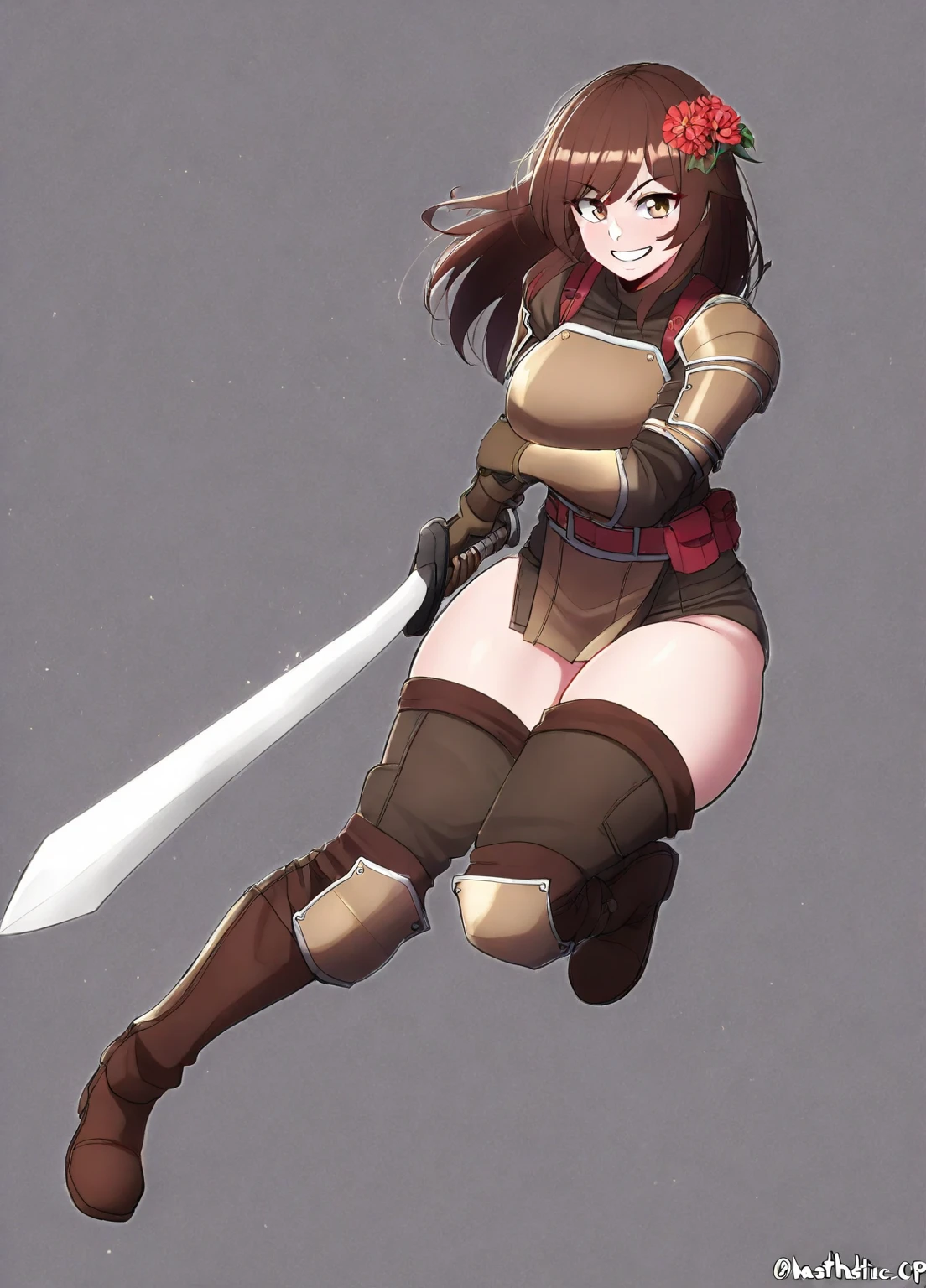 (best quality, 4k, 8k, highres, masterpiece:1.2), ultra-detailed, ((cat girl)), ((brown hair)), ((full body)), ((perfect body)), ((stand pose)), ((((very baggy and long cotton leg warmers)))), ((bare feet)), (((bikini panties))), ((battle armor)), ((battle gloves)), ((((carrying a giant sword)))), ((fully detailed)), illustration, vivid colors