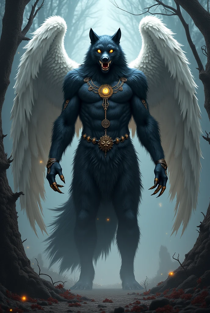 Mysterious wolf-like face,Bipedal,Covered in dark purple skin,On her chest is a crescent-shaped necklace.,Large black wings with gold tips,Has limbs with sharp red claws,Red eyes,It exudes a mysterious, otherworldly presence.,Its overall posture is intimidating yet protective.,The mysterious and powerful nature of this creature is emphasized as the focal point of the image.,背景はfull moonの夜,A mysterious dark atmosphere, Haute Couture Illusion,full moon,Moonlit Night,Medium shot scenes,Like the whole body, Highly detailed surreal VFX,OC Rendering,Shot with a 70mm AR16:9 --q 2 --s 1000