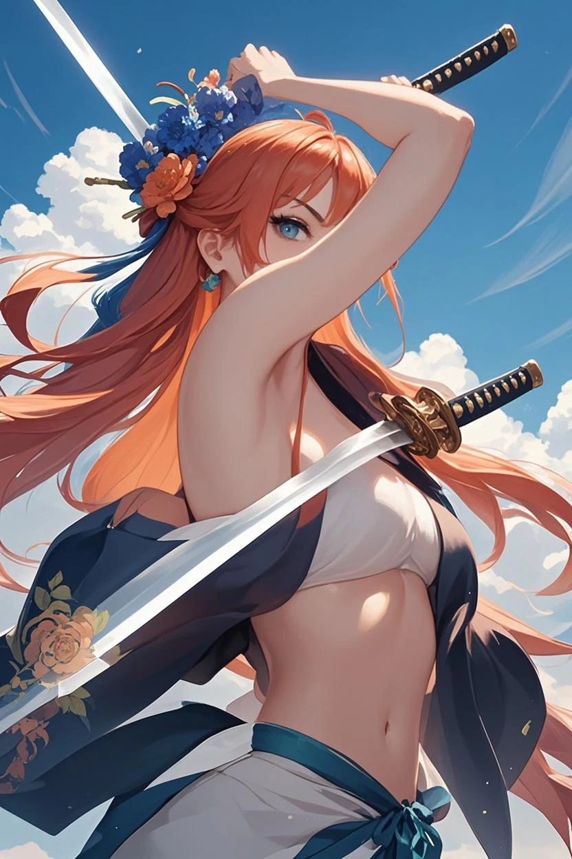An arafe woman wearing a bikini top and super miniskirt and holding a sword, nami one piece, beautiful portrait of nami, Nami of one piece,Nami in super miniskirt, Detailed Digital Anime Art, Cute exirobat showing white pants, Very detailed ArtGerm haha, deviantart artstation cgscosiety, realistic bikini, Swimsuit, fanart best artstation, ArtGerm. high detailing