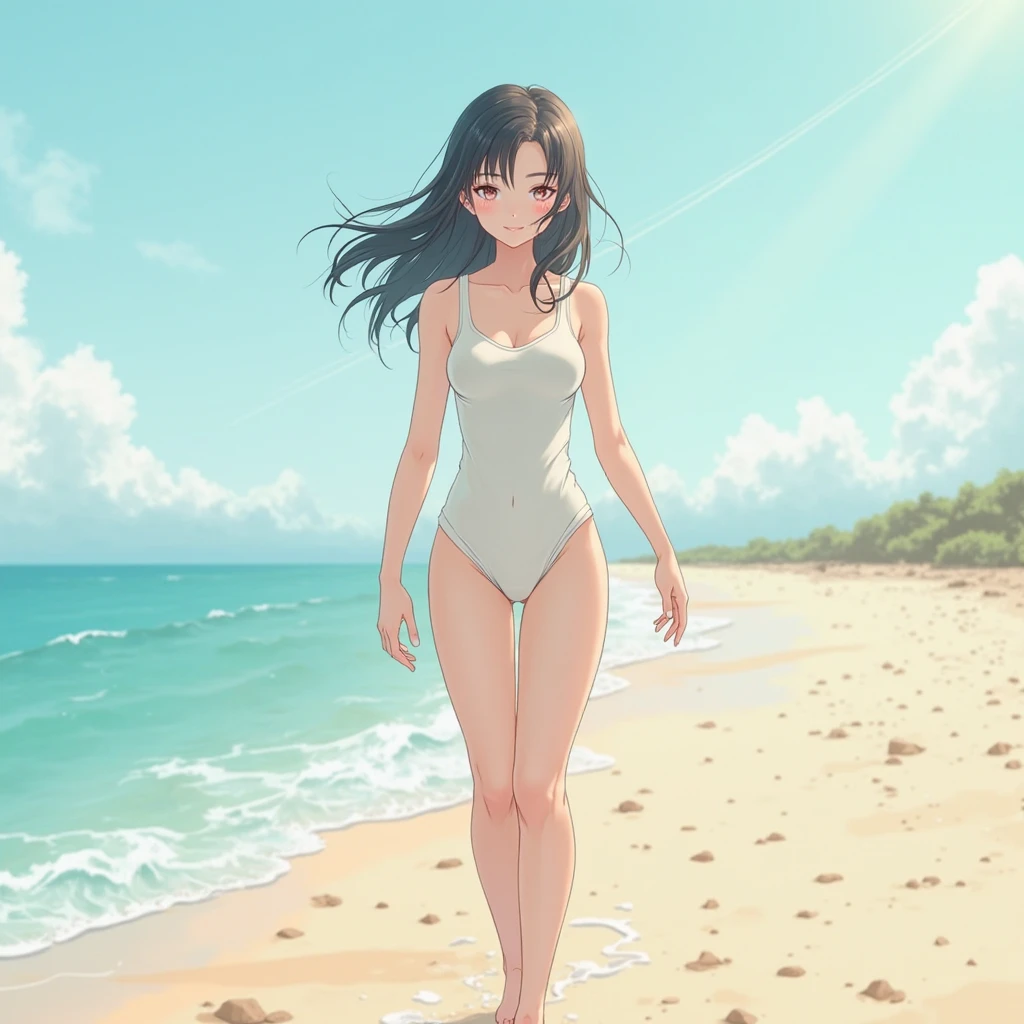 girl, full body, standing, 20 years old, smart body, brown hair, medium hair, wave hair, white bikini, high detailed real eye, high quality eye, double eyelid, high detailed real skin, high quality skin, sweaty skin, professional lighting, real shadow, masterpiece,