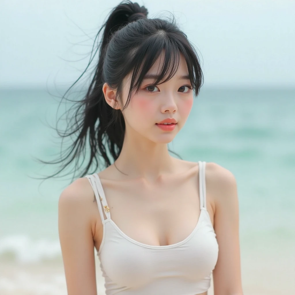 ((Best Quality, 8K, masterpiece: 1.3)), Sharp Focus: 1.2, 1 girl, Neat and clean beauty, 16 years old, emotive, Classy and elegant, A pretty girl with perfect figure, Cute, Shy, ((Medium hair swaying in the wind)), Big breasts, (Tank top: 1.1), Skirt, Highly detailed face and skin texture, Detailed eyes, Beach,