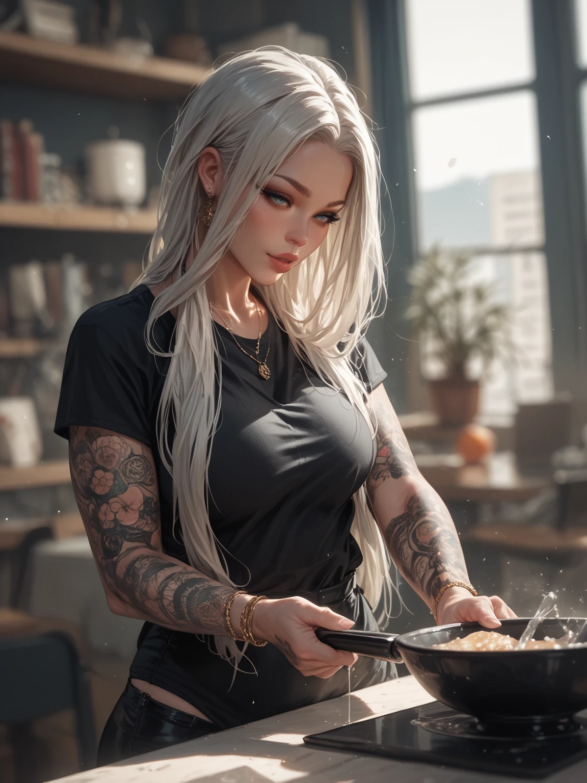 (obra-prima), (melhor qualidade), (ultra detalhado), mulher, cabelos loiros, avental de cozinha, loira, avental, cozinhar, 22 anos, (avental branco), corpo inteiro, ((belos cabelos loiros)), Tattooed arms, bunda tatuada, shorts curto, coxas grossas, bunda grande, tema de cozinha e comida, cozinheira sexy (octane render), (realista)