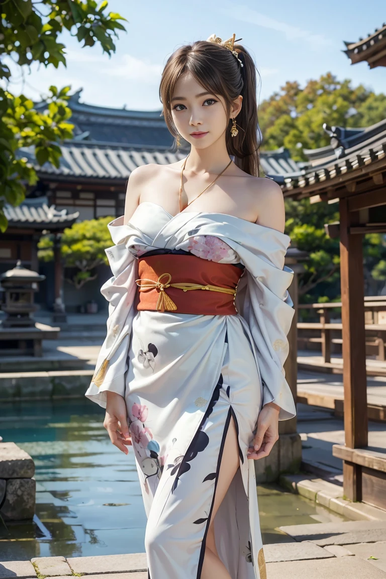(nsfw),1girl, (white kimono, short japanese dress),((off-shoulders, cleavage, large breasts, thighs)),  (floral print), long sleeves, (twin braid), long hair, upper body, standing, (smile:0.8), (cowboy shot),(masterpiece, high quality, best quality), (colorful),(delicate eyes and face), volumatic light, ray tracing, extremely detailed CG unity 8k wallpaper,solo, ((flying petal)), outdoors, garden,(flowers),