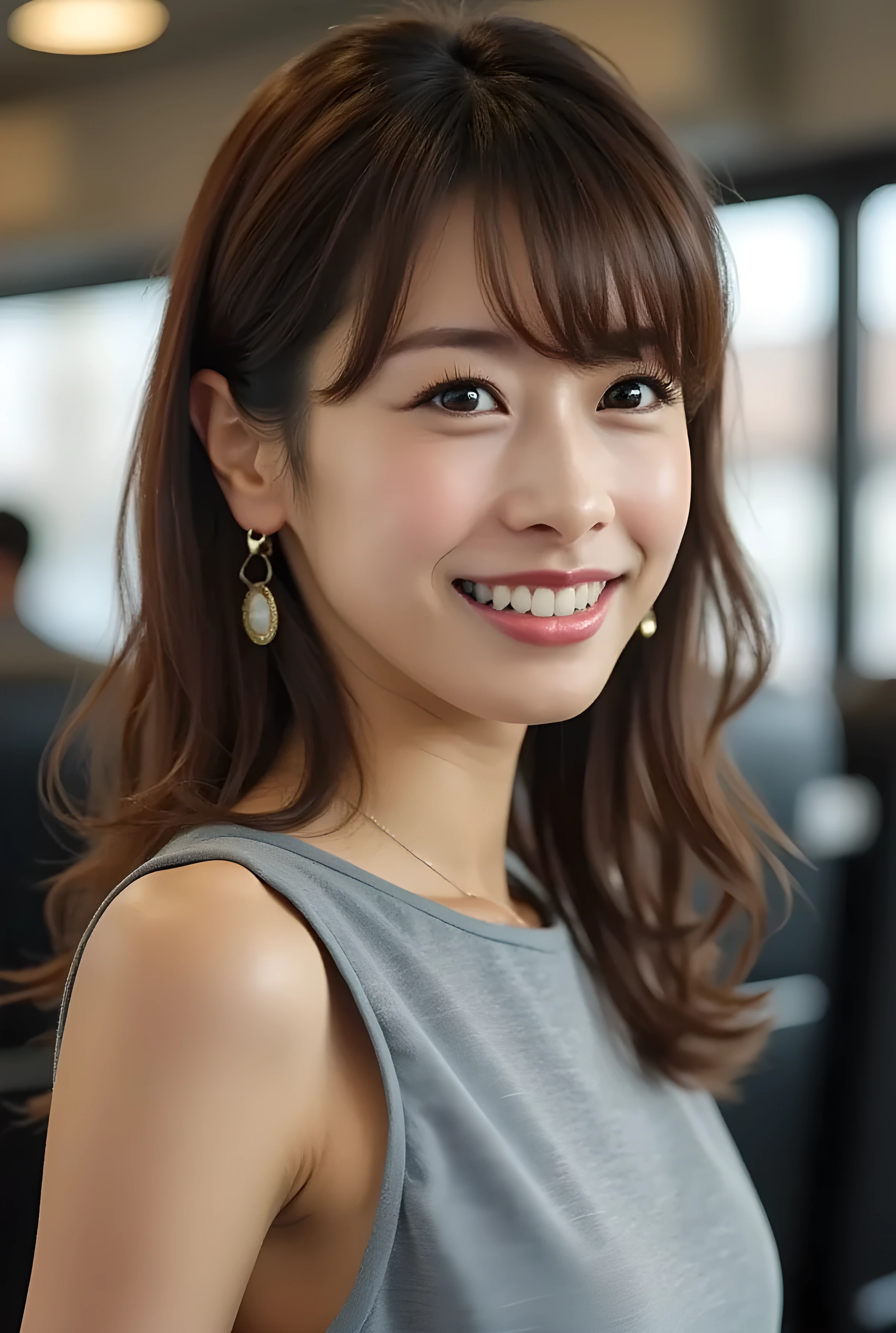 Super Real , Photoreal , she looks so happy , shadow, Global Illuminations , Alone, (Japanese women in their 20s :1.5), very beautiful、 cute smile , Slim, brown hair , Beautiful Legs , Long, slender legs , Surimi Waist , I'm wearing a receptionist uniform ,I'm wearing a bus guide's uniform , turn your body forward、 white hair,full body photo ,Please take a picture up to the tip of your foot , wear gray pantyhose with glitter ,When the light hits pantyhose, it reflects beautifully., Wearing Black High Heels ,