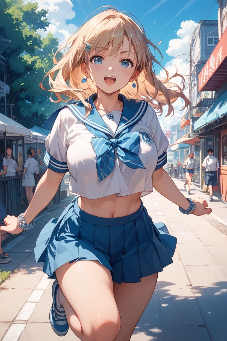 absurderes,(​masterpiece、top-quality、8K ),intricate detailes,ultra-detailliert、Hyper realistic,Perfect Anatomy ,One Cute Girl,Open your mouth and smile,a blond,Blue eye freckles、poneyTail、(cheer girl:1.3),(pompoms、Spread your arms:1.3),(large full breasts:1.3),(Composition from below:1.3),((Uniform with visible lower breasts:1.4)),Thin abs、Navel out、(confeti:1.3),stadio、On the lawn、Intricate details, Hyper realistic, Perfect Anatomy