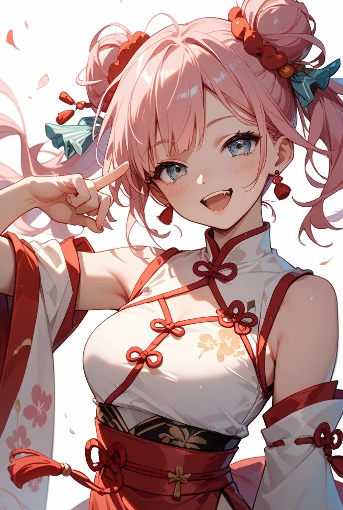 Beautiful and cute woman "I love infinity", Joyful, Happy, Anime illustration,Pink Hair、ponytail、Slender Body、 Beautiful Smile、、Realistic Chinese clothing that looks like it's dancing