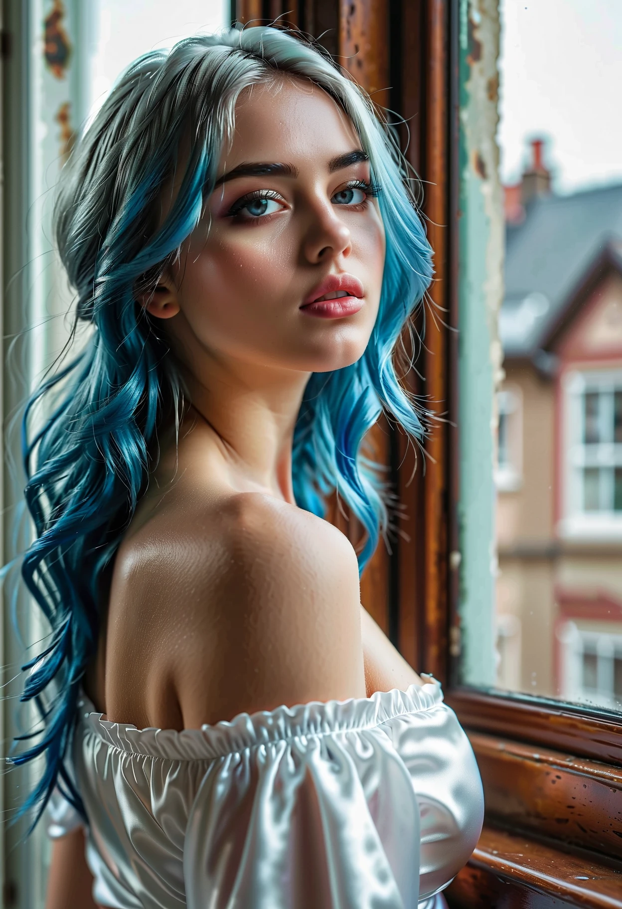 Woman (Mid 20's), butterfly tattoos on arms and shoulders, light blue hair in bun, pale skin with freckles, blue eyes, curvy, huge breast, thick legs, big perfectly butt, skin tight strapless wedding dress with long sleeves (butterfly mesh), breast cleavage 