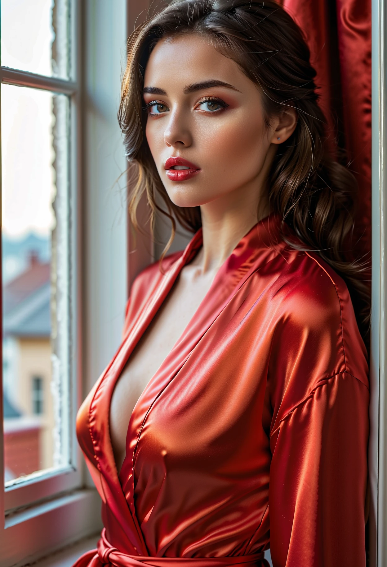High Resolution 4K Full Body Photo , Photorealistic and anatomically perfect , by a southern European girl aged 18 , She wears only transparent white silk in a penthouse with lots of glass high above the roofs of a city, She lies on the floor on her stomach with her legs slightly bent towards the viewer , you can see your whole body and your beautiful legs, She wears modern hair and body jewelry , She is tanned with brown eyes and light red straight long hair , She presents herself for a professional fashion label -