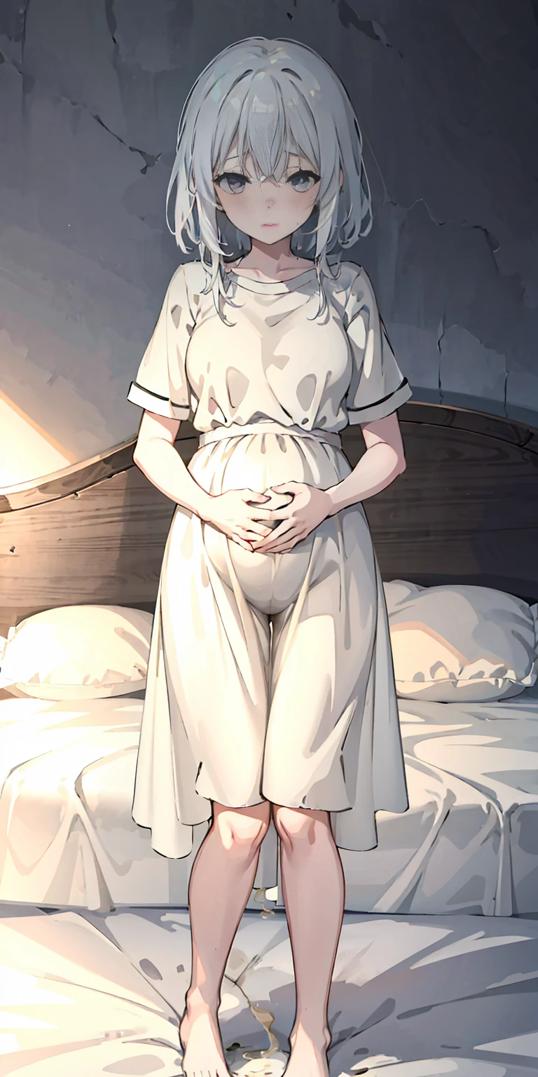 Elaina,white ash hair, long hair, anime girl, white blouses dress, pale face, sweating, heavy breath, blushing, pregnant, (Pregnant belly:1.1), (best quality:1.2), ultra-detailed,realistic ,portraits, vivid colors, soft lighting, interesting PoV, (pee is white:0.7), spread kneel, Lie down on bed, (the girl's is wet: 0.7), spread leg,