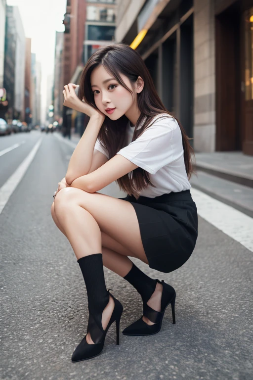 Move the center of gravity back, put your hands forward from both feet, put both feet in the hand circle, pretty embarrassing, with panties, thin legs, tight skirt, 90 degree knees, heels on the ground, hands in front of feet, hug feet, kneeling, sidewalk, RAW photos, 8K, best quality, ultra high resolution, beautiful face in every detail, realistic human skin, gentle smile, angle from below, long hair, realistic, photorealistic cute, short skirt, squatting deep in the city, full body, korean fashion --auto --s2
