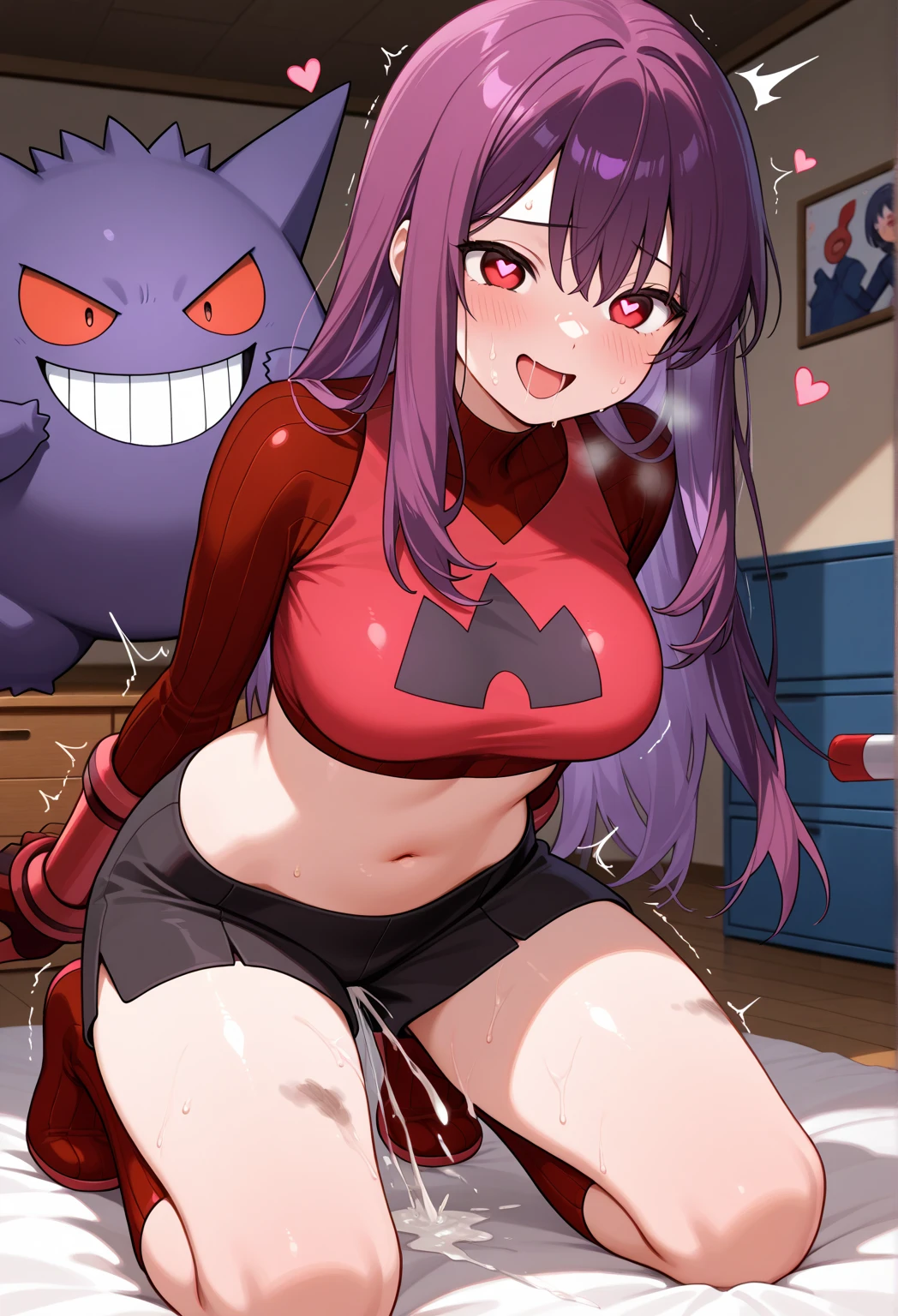 anime style , with 4 blue and red capsules in the palm of her hand, behind her several blue and red capsules floating, slight smile, red eyes, very pale skin, black hair, black t-shirt with a psychedelic cat print, face with scratizes, appearance of a beggar , play there , dark image