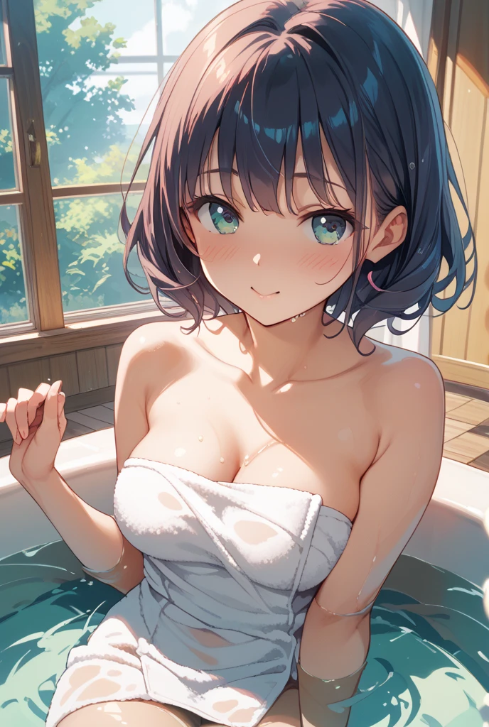 1girll,In the bath,Delicate and beautiful face,Various hairstyles,crisp breasts,Convex buttocks,Wrapped in a soaked bath towel,perfectly proportioned, 浴室,vapour,bathtub,Cinematic lighting, filmgrain, Fujicolor, lightand shade contrast, 8K, 巨作, Textured skin, Super detail, hoog detail, High quality, A high resolution,