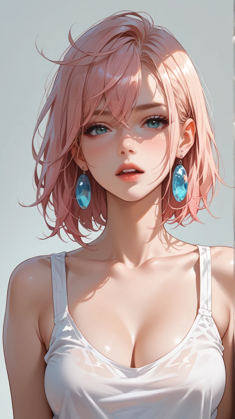 (score_9,score_8_superior,score_7_superior),One girl,Pink Hair,Bob,blue eyes, bangs, Simple Background, Earrings,Large Breasts, Blushing, Minimalist,