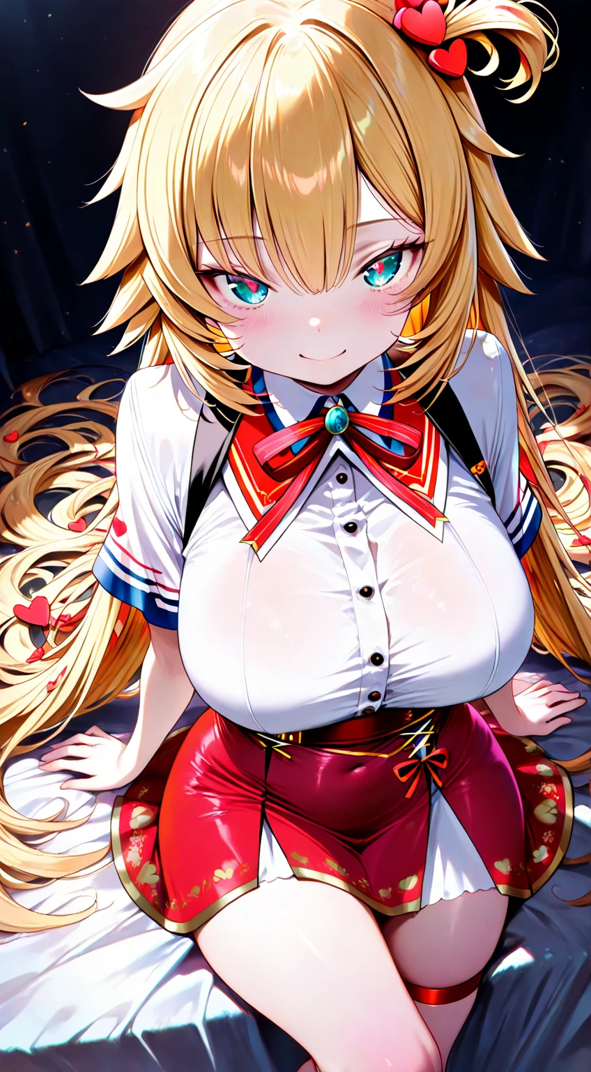 red blush、blonde  hair、Hair raised、Colossal tits、Putting out the chest、One beautiful girl with red eyes、animesque、独奏、lonely、Red Hakama、shrines,,,masutepiece, superfine illustration, Best Quality, light Particle, Ultra-detailed, 8K Wallpaper, (Bright colors:1.2), Solo, (girl with), long hair without small breasts), Straight hair, Shiny hair, Shiny skin, Delicate line tail face, (shairband, School uniform, Bottomless), Nipples, lowfers, sox, Orgasm Face, Very beautiful blue eyes, shiny eyes, Closed eyes, Arched back, Orgasm Face, o-face, Blush cheeks, Arched back, under the boobs, (Vagina), hetero, (laying on back), (girl spread legs:1.4), (Formidable :1.7), (cum shots:1.2), NSFW, crass room