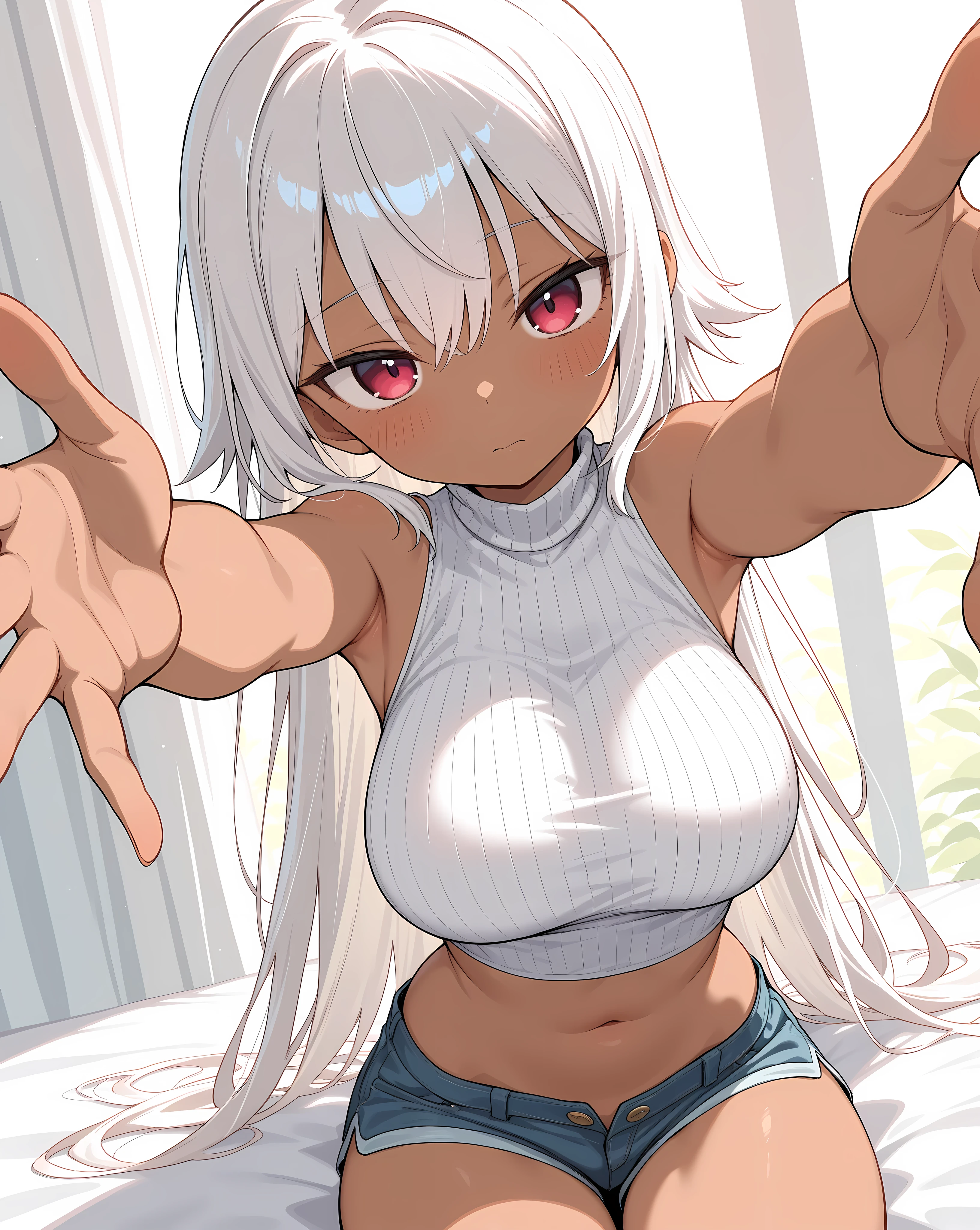 mirko, <lora:mirko-lora-nochekaiser:1>,
mirko, animal ears, dark skin, dark-skinned female, long eyelashes, long hair, (parted bangs:1.5), (forehead:1.5), rabbit ears, rabbit girl, (red eyes:1.5), white hair,
BREAK bare shoulders, black thighhighs, covered navel, crescent print, fur collar, gloves, highleg, highleg leotard, leotard, sideboob, sleeveless turtleneck leotard, taut leotard, thighhighs, toned, white gloves, (white leotard:1.5),
BREAK looking at viewer, full body,
BREAK indoors, bed,
BREAK <lyco:GoodHands-beta2:1>, (masterpiece:1.2), best quality, high resolution, unity 8k wallpaper, (illustration:0.8), (beautiful detailed eyes:1.6), extremely detailed face, perfect lighting, extremely detailed CG, (perfect hands, perfect anatomy),