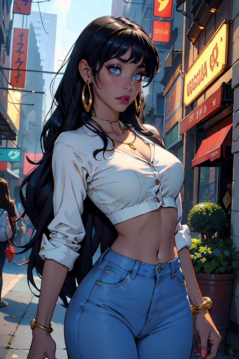 On a summer night, On a bustling street in the suburbs, a woman with tanned skin and extremely long black hair catches everyone&#39;s attention. She's wearing a provocative red top that fits her body perfectly., Jeans shorts and sandals with crystals, She walks down the alley, Leaving a trail of desire. 