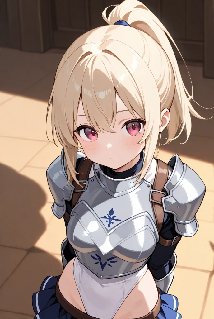 (masterpiece:1.2), (highest quality:1.2), perfect eyes, perfect face, perfect lighting, middle ages, prison, 1 girl, clear　blonde　((((((hair over one eye)))))), Braid Styles, spiked hair, blunt bangs, bob hair, a braid, Ahoge　red eyes, ((((nude)))), cute eyes, medium breast, , vivid description, ((abedium breast, ((from above)), ((front)), Vivid depiction, ahegao, closed mouth, Are standing (tooth), ((looking up:1.2))), (face close up:1.4) , ((((White bikini armor with erect nipples)))), sitting