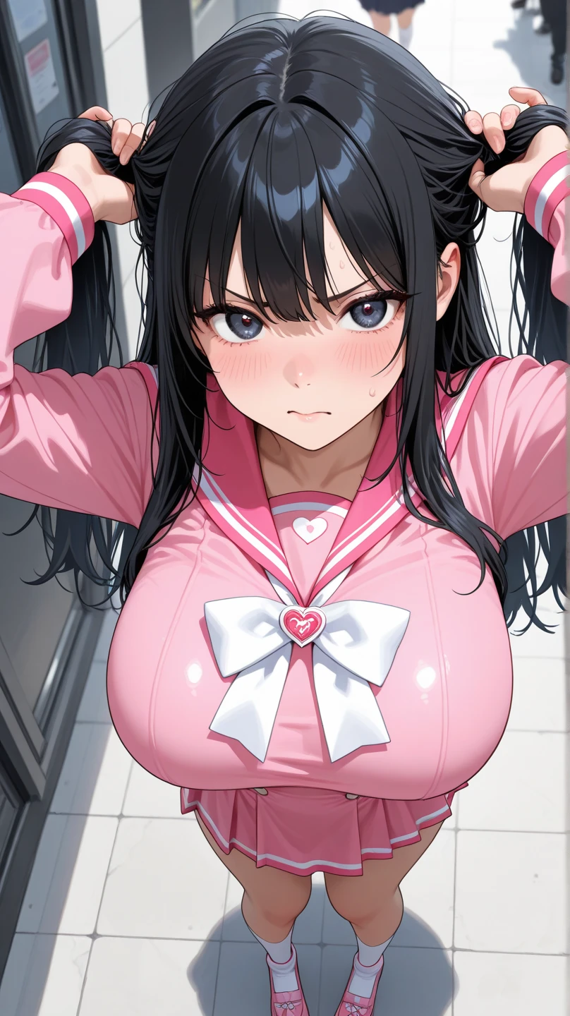 (highest quality:1.2, artwork, Very detailed, High Detail, digital coloring, High Contrast, masterpiece:1.2, highest quality, Best aesthetics), 8k,masterpiece, cute,tall,beautiful,best quality, 1lady,black hair,long hair,empty eyes, (finely detailed empty pupils and detailed face),,,,extremely detailed cg unity 8k wallpaper,solo,(latex military costume:0.9),large breasts,seductive smile,military hat,latex thighhigh,large breasts,black hair,pink eyes,pink leotard,pantyhose,military coat,enamel suits,grossy lips,sitting,bust shot,sadistic smile,,heel,shiny skin,military coat,detailed face,beautiful body,full-body,adult,