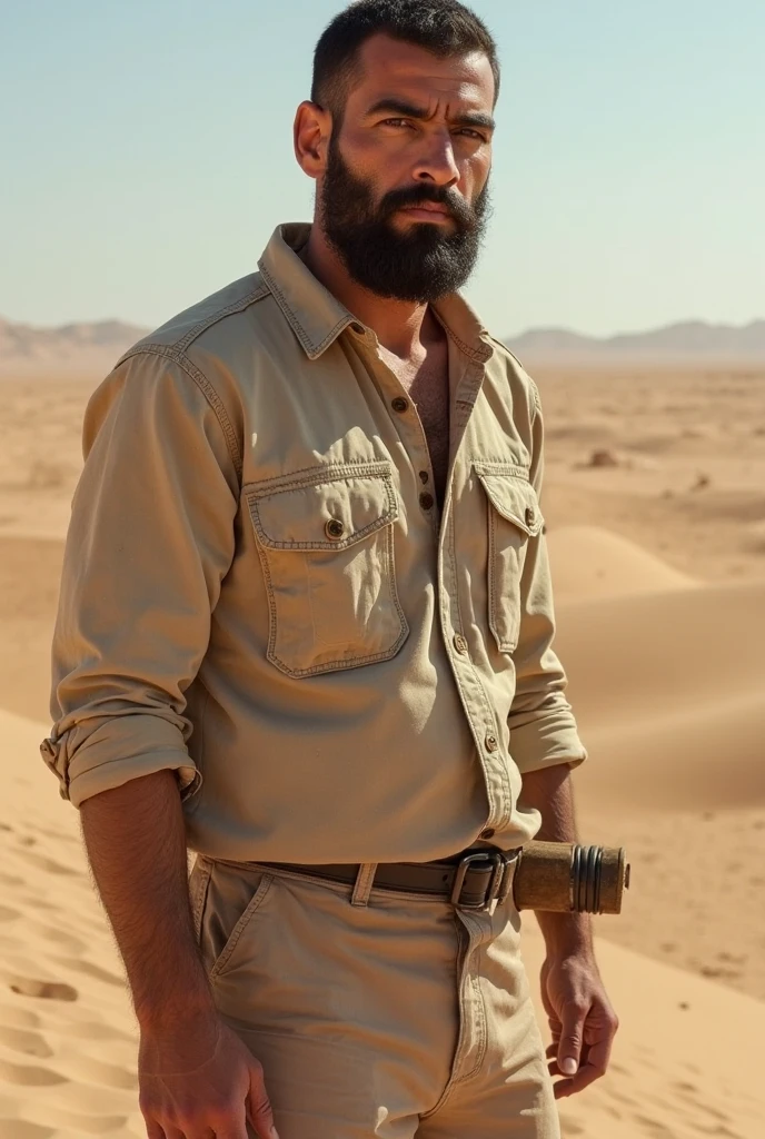 A super realistic image of a 38-year-old man with a rugged, masculine appearance wearing dark sunglasses. He is caught in a violent sandstorm, with sand swirling fiercely around him and obscuring the landscape. His face is highly detailed, showing intense focus and determination. The background features a desolate desert with barely visible outlines of dunes and distant mountains. He is dressed in a protective scarf, goggles, and desert gear, appearing resilient against the harsh conditions. The image captures him from the waist up, emphasizing the textures and details of his face and the stormy environment