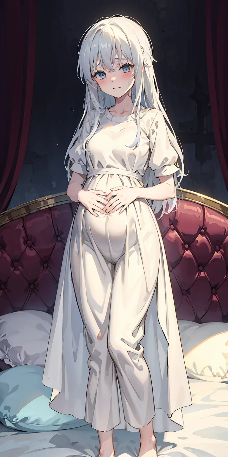 (((photo of fiona belli naked and pregnant))), highly detailed, realistic, ((inside dark medieval castle lit by candles on the walls, sitting on an elegant bed)), blue perfecteyes eyes, hair tied in a short ponytail, curvaceous body, large bust, ((metal chain collar on neck)), fully naked, blonde hair, blushing, looking at viewer, (ashamed, sad, embarrassed:1.4), facing viewer, full body shot, <lora:fiona_belli:1>, <lora:locon_perfecteyes_v1_from_v1_64_32:0.3>