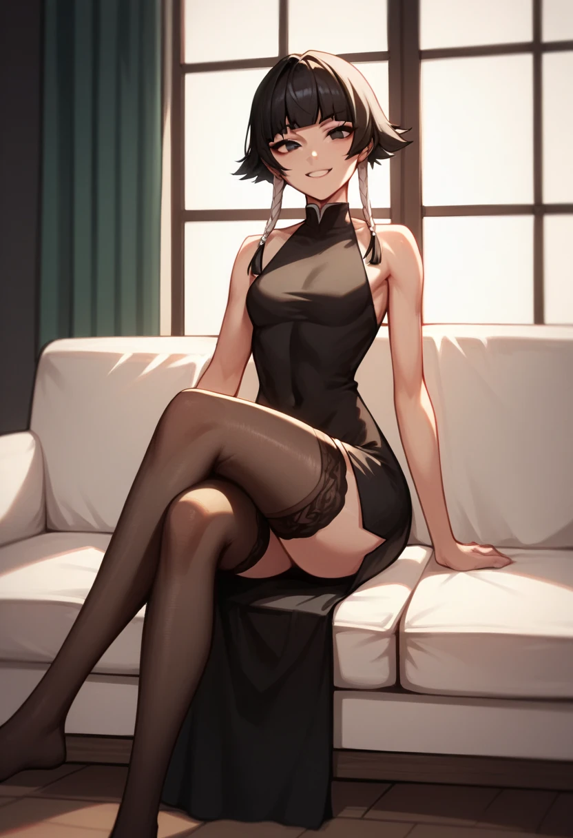 Beautiful detail background, (8K quality), (Ultra High Definition: 1.2), Masterpiece, Best Quality, High Resolution, Illustration, Makoto Shinkai Style, Your Name is Movie Style, (1 Women: 1.3), (Solo: 1.4), Short Bob, Seated, Beautiful Shining Eyes, Hairpins, Hair Ornaments, Big, Big Side, Short Bob, Red Face, Happy, Smile, black_pantyhose, High Heels, princess dress, (crossing your legs on a red sofa: 1.2), the sole of the shoe, from below, from the front, fingering, dynamic perspective,