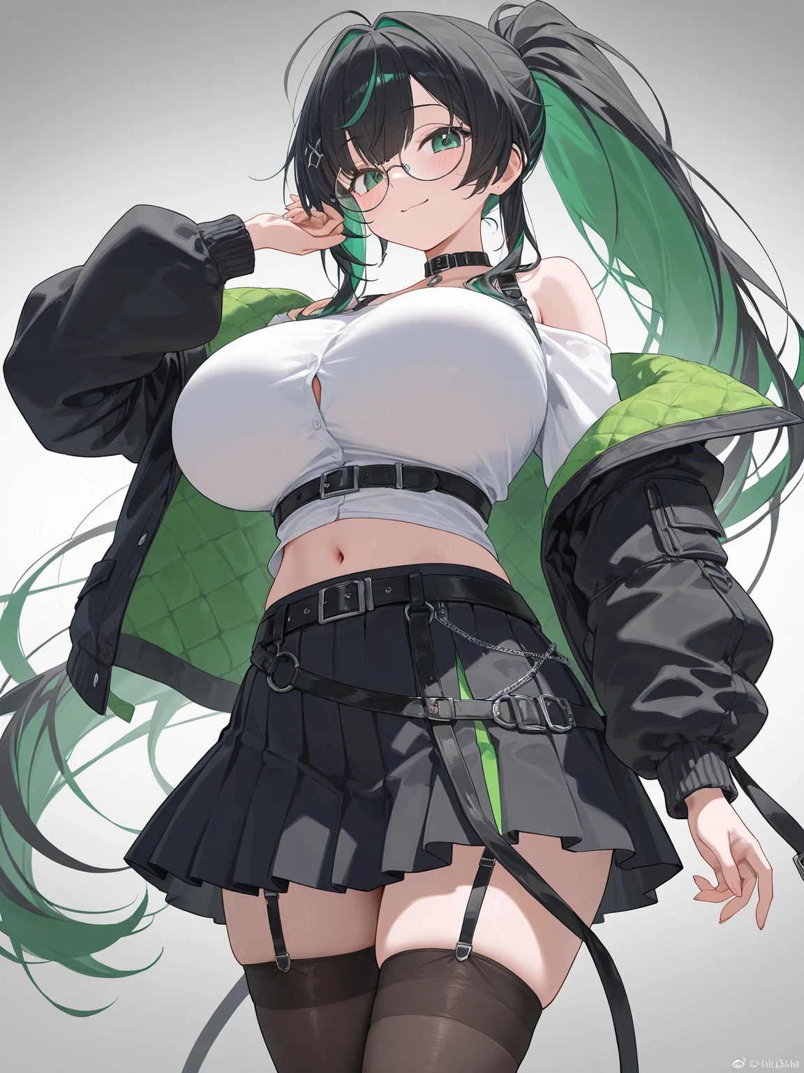 1 girl, ((Green flight jacket、White turtleneck sweater、black pants、boots)), huge breasts, black hair, short hair, straight hair, black eyes ,((white background)), ((whole body,Expressionless))、((face forward、close up front、Stand up straight)),((Virtual YouTuber))