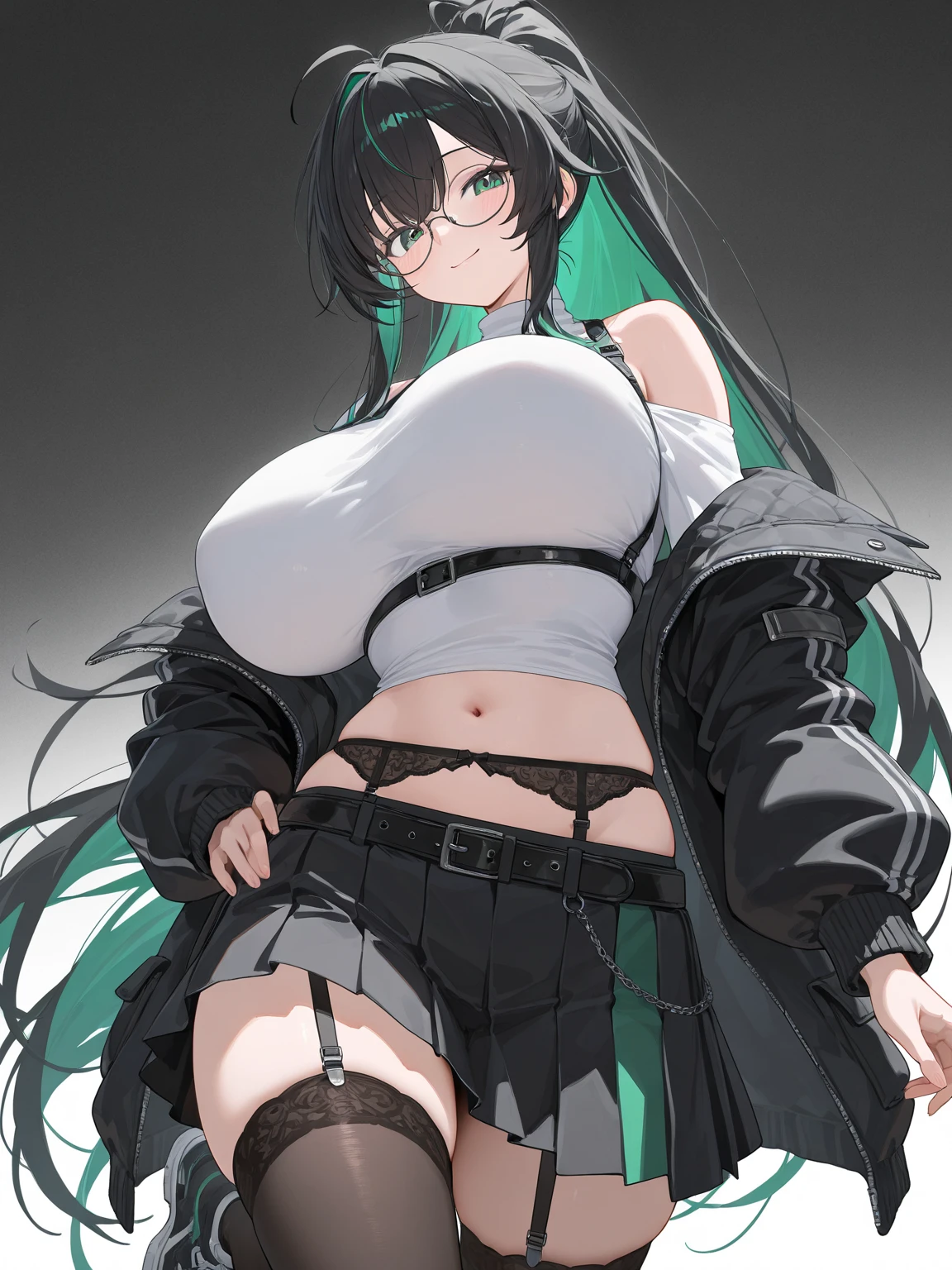 Garota delicious, long green hair, skin black, linda, very beautiful, muito delicious, boobies grandes muito grandes, boobies, delicious, sexly, muito sexly, hentai, super thick full black giant coat, short black denim shorts, big black gloves, delicious, complete body.