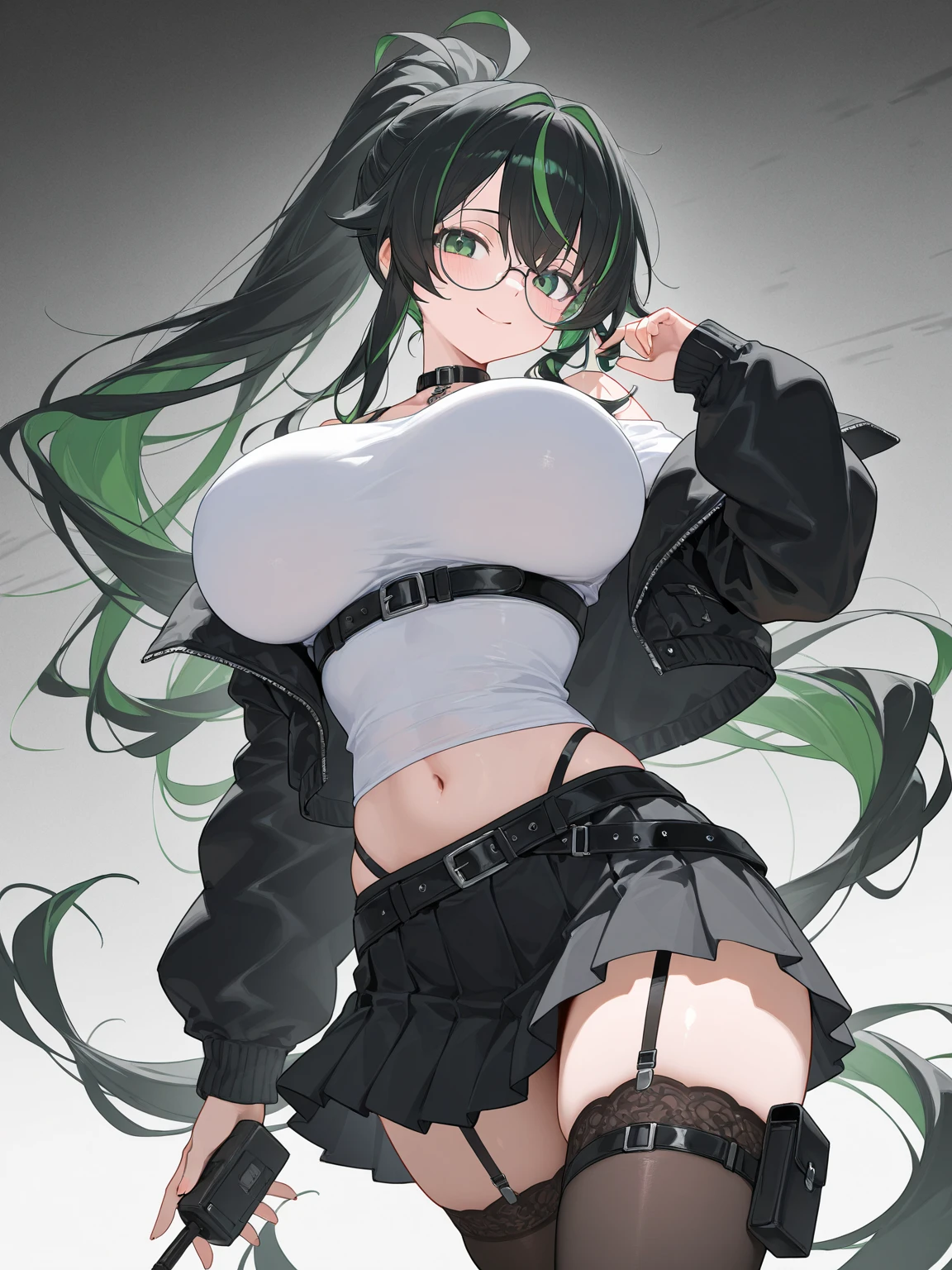 realistic human, sarashi, haori, fingerless gloves, miniskirt holgada, gloves, japanese short clothes, thighhighs, white thighhighs, pleated skirt, ponytail, chest sarashi, black gloves, hairband, cowboy shot, ribbon, wide sleeves, firm breats, medium breasts, slim build, black hairband, blue skirt, cleavage, green skirt, very lift miniskirt, long sleeves, covered navel, hair ribbon, hair ornament, Quietly smiling, WHITE BACKGROUND, , very sexy pose, hot girl, she likes to show chichis nipples, buttock and vagina, hard sex pose, random hard sex angle, golosa sexual, hetero