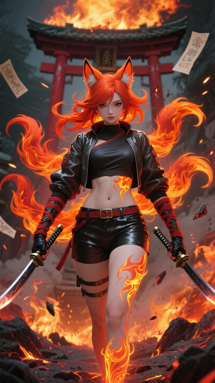 Natural redhead woman landing on the ground, Full Body Pose,, resent, half-opened mouth,Holding a sword in both hands、Niō Standing,Swinging a sword,Stylish updated hairstyles, hair in bun, Straight hair, Pretty Face, face perfect, Thunderstorm in the background, Destroyed otherworldly palace, Flame and thunder, Facial features are、Aya Yamamoto and Marina Matsui、It is a mix of Asuka Saito and Mao Akiyama, petite body, The photo looks like it was taken with a Sony A7 III, Professional Photographer, dark ambiance, Edge lighting, Cinematic, candles, witchcraft, Full body portrait, Hyper realistic, Beautiful face, 8K, Full body portrait, Elegant, Natural lighting, Sharp Focus, Very detailed face, bright and smooth bright skin, Beautiful face, Smiling, Happy, nffsw, Beautiful soft skin, 50 millimeters, low illuminance, dark and mysterious atmosphere, Vivid skin, Photorealism,Exposed underwear,Chest exposed,Shiny black leather outfit,You can see the shape of the,Skinny Legs,