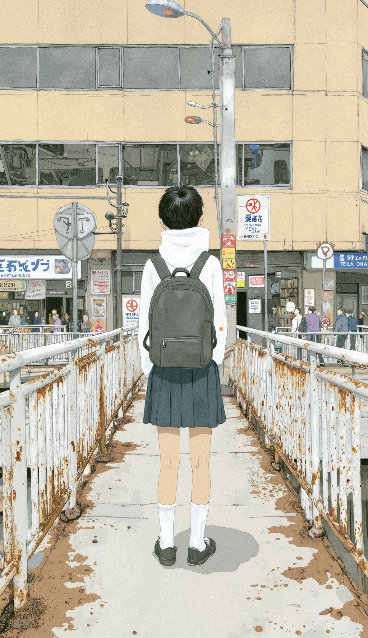 A young person stands on an urban pedestrian footbridge, facing away from the camera. The individual is dressed in a white hoodie and a black backpack, complemented by a short skirt, long white socks, and black shoes. The scene is set on a sunny day, as indicated by the harsh shadows cast by the railing, which creates a dynamic pattern on the ground. The footbridge features white metal railings, some of which are rusted, lending an industrial and slightly weathered feel to the setting. In the background, a beige-tiled building displays large windows and signage in Japanese, suggesting an urban environment in Japan. The overall mood of the image is calm and quiet, with a sense of solitude as the pedestrian appears to be the only person present in this urban landscape.