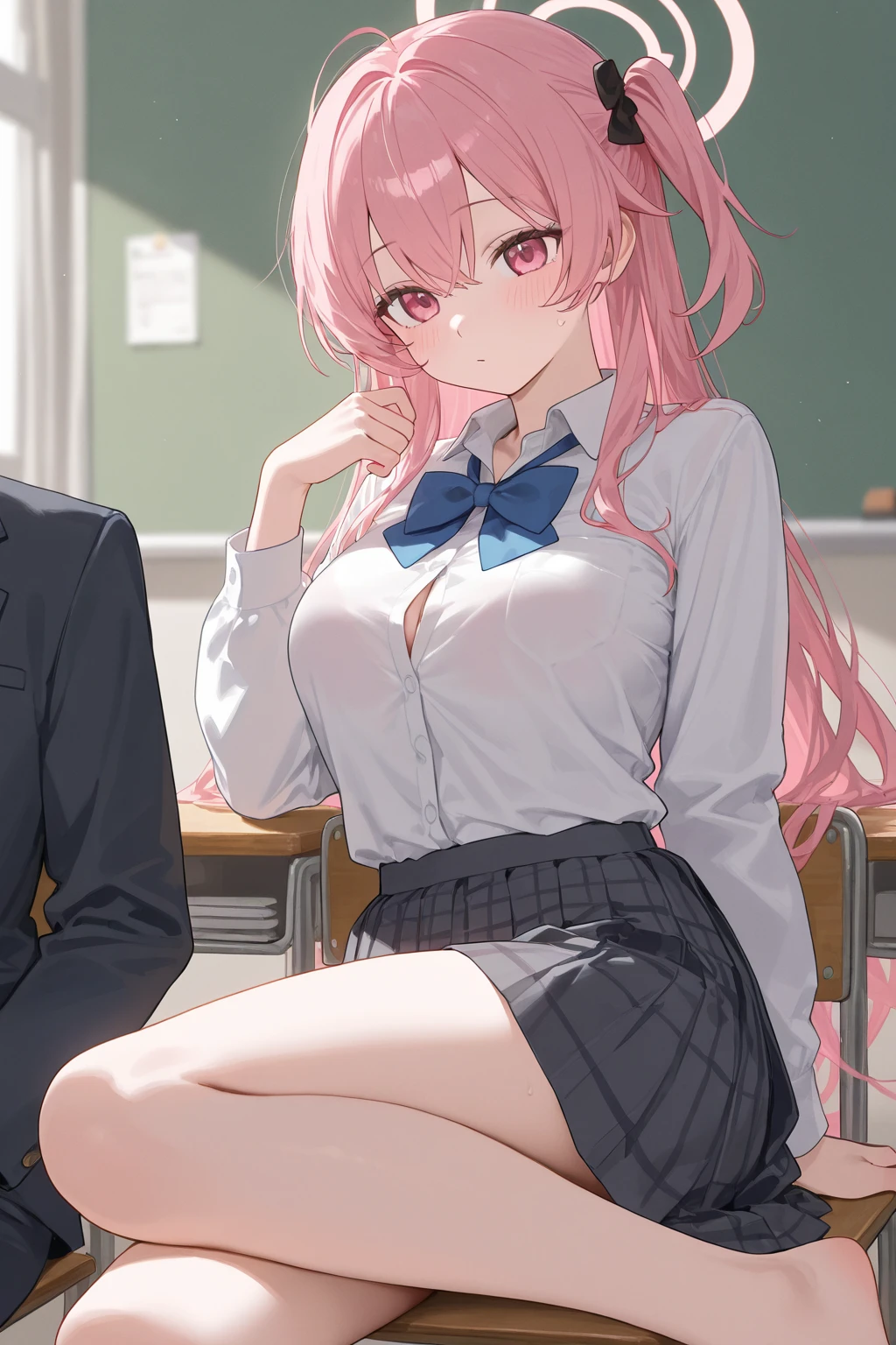 4k, ,Lens flare, pink hair ,mascara, eyeliner, god rays, 4k, 8k, best quality, masterpiece, hyper detailed, intricate detail, 1boy, 1 girl, detailed, Detailed fuchsia hair ++, detailed pink eyes ++, raytracing, perfect shadow, highres, enhanced eyes, huge breasts, horns, seductive, hyper detailed, Dressed in a pleated skirt, a button-up blouse, and knee-high socks, your anime girl exudes a scholarly yet fashionable aura. A cardigan and loafers add a touch of sophistication. Your anime girl adds large ribbon bows at the base of each twin tail. This style is both adorable and attention-grabbing, highlighting her playful nature. She is tutoring another school boy, 1 boy, dressed in school attire, he is being tutored