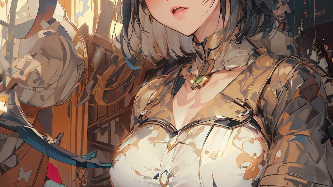 ((highest quality)),(ultra high resolution),(Super detailed),(detailed description),((best CG)),(best work of art),super precision art,amazing drawing art,(Fantasy art with precise details:1.5), (1 woman:1.7),(A luxurious high-necked dress that is detailed and detailed.:1.5)