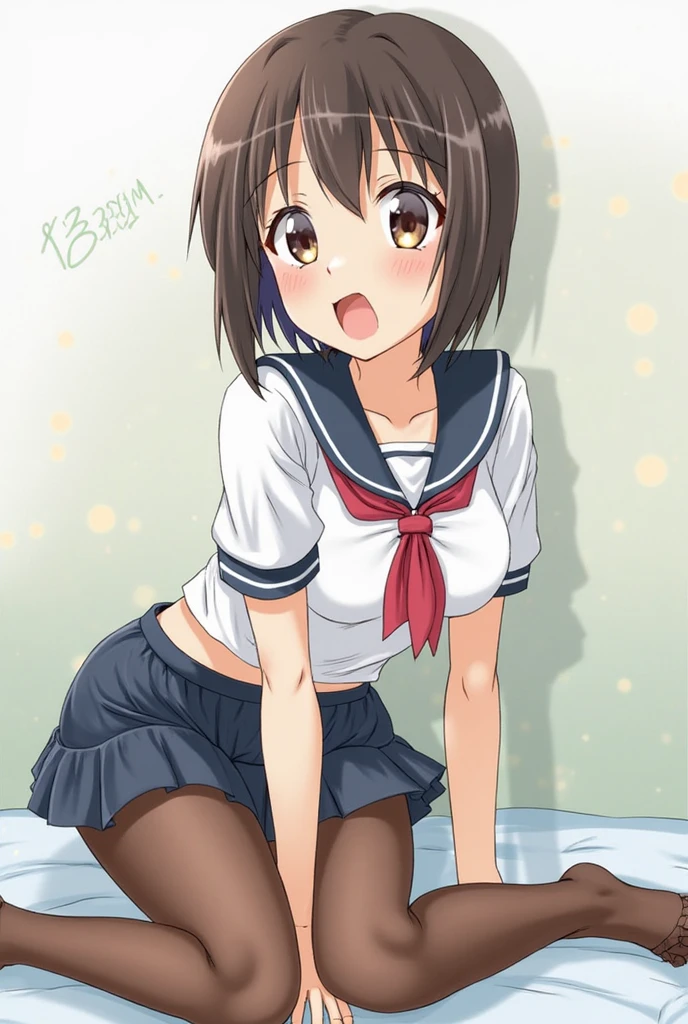 An anime girl showing her panties while wearing a school skirt with blue eyes.